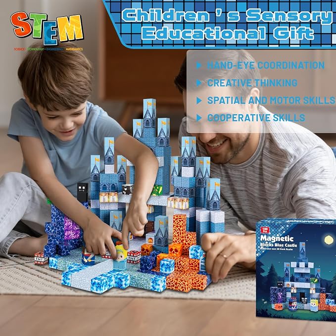 ToyUnited 100PCS Magnetic Blocks - Magnet Building Blocks, Stacking Magents Cubes Toys Blue Castle Set, STEM Montessori Sensory Toys for Kids Boys and Girls Ages 3 4 5 6 7 8 9 10+ Birthday Gifts - Image 6