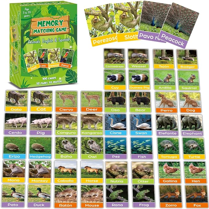 gisgfim 100 PCS Memory Matching Games Spanish English Bilingual Animal Memory Matching Games Educational Game for Kids and Adults A Fun & Fast Animal Game Toddlers Preschool Family Board Gift by gisgfim