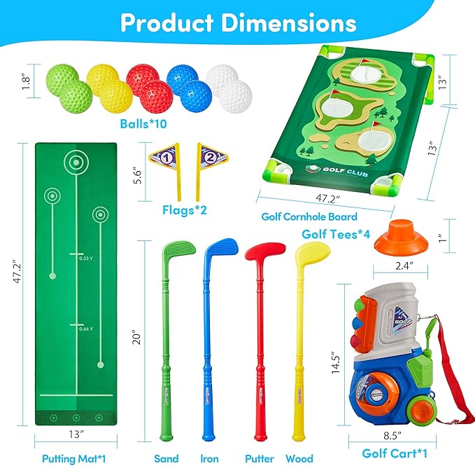 PJG Toddler Golf Set with Mat & Cornhole Board, Plastic Kids Golf Clubs 3-5 with 4 Golf Clubs and 10 Balls, Golf Toy with Cart for Boys and Girls Aged 1 2 3 4 5 Years Old Birthday (Blue)