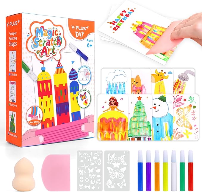 YPLUS Rainbow Scratch Art for Kids, Creative Squeegee Painting Kits, DIY Rainbow Scratch Paper, Magic Kids Crafts with Rubbing Game Birthday Gifts for 6 7 8 9 10 Year Old Girls Boys