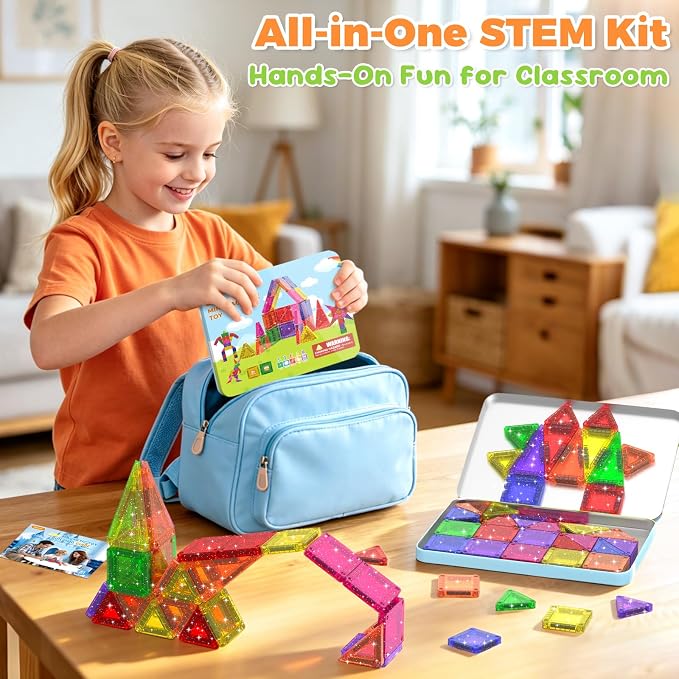 46PCS Glitter Mini Magnetic Tiles Travel Set with Storage Case - Image 4