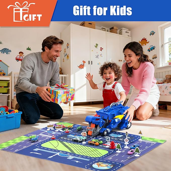 Dinosaur Toys Car for Kids 3-8 Year Old Boy Gift, Toddler Toys for 3 4 5 6 Years Old Boys & Girls Transport Dino Truck with 12 mini Cars & City Map Birthday for Kids