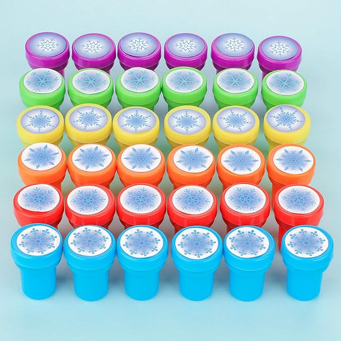 36 Pieces Snowflake Stamps Winter Stamps Bulk Plastic Colored Self Ink Assorted Snowflake for Card Making Christmas Party Favors, 6 Styles(Colorful)