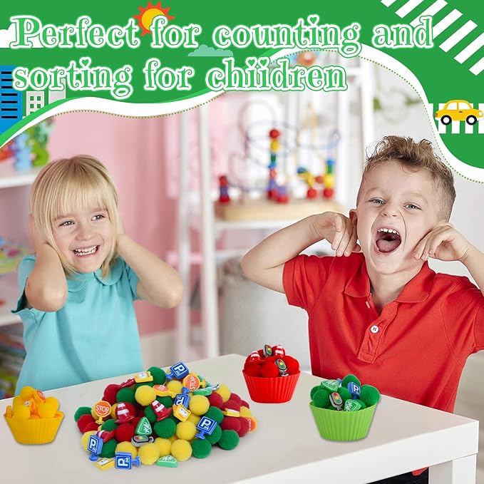 169pcs Traffic Signs Sensory Bin Filler Fine Motor Toys Traffic-themed Sensory Bin Items Traffic Light Stop Sign Traffic Cones Parking Sign Crosswalk Pom Poms for Preschool Color Counting Sorting - Image 4