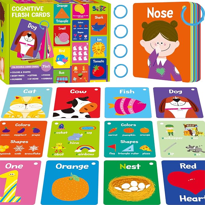 110 PCS Sight Word Flashcards, Double Sided Cards- Alphabet, Foods, Animals, Home Object with 4 Reclosable Rings, Early Learning Tool for Pre-K Kindergarten Toddlers by SpriteGru