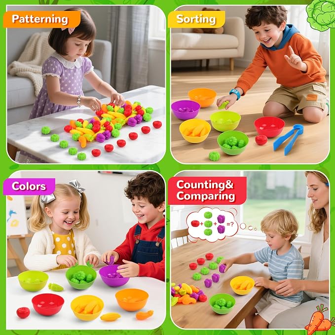 USATDD Counting Vegetables Color Sorting Matching Games with Bowls Preschool Learning Activities Sensory Toys Montessori Toys Birthday for Toddlers Kids Boys Girls Aged 3 4 5 - Image 4