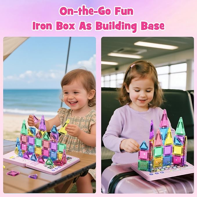 WMXDU 42-Piece Glitter Magnetic Tiles Travel Set with Pink Metal Box - Portable STEM Building Blocks for Kids Ages 3-8 Boys & Girls STEM Montessori Educational Toys for Airplane Car Rides - Image 3