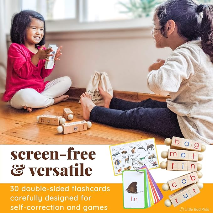 LITTLE BUD KIDS Spin-and-Read Montessori Phonetic Reading Blocks with CVC Phonics Flashcards for Beginner Readers, Montessori Reading Wooden Toys for 3 Years + - Image 6