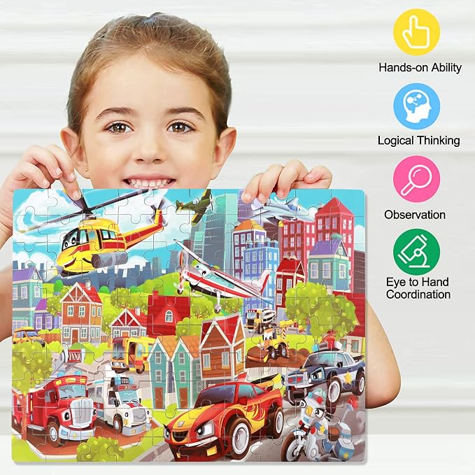 LELEMON Puzzles for Kids Ages 4-8 Transportation Vehicles Jigsaw Puzzles for Kids Boys Girls 100 Pieces Fire Truck Car Learning Educational Puzzles in a Metal Box - Image 5
