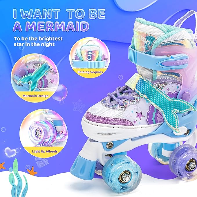 NEMONE Mermaid 4 Size Adjustable Light up Roller Skates for Girls, Purple Blue Skates for Toddlers, Beginner Kids Butterfly Roller Skates Indoor Outdoor
