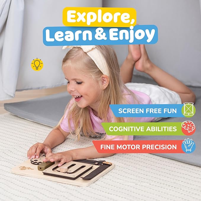 deMoca Sensory Busy Board for Toddlers, Premium Wooden Toddler Busy Board for 1 2 3 Year Old with 10 Educational Activities for Fine Motor Skills, Fidget Activity Toy for Travel Toy (Nature)