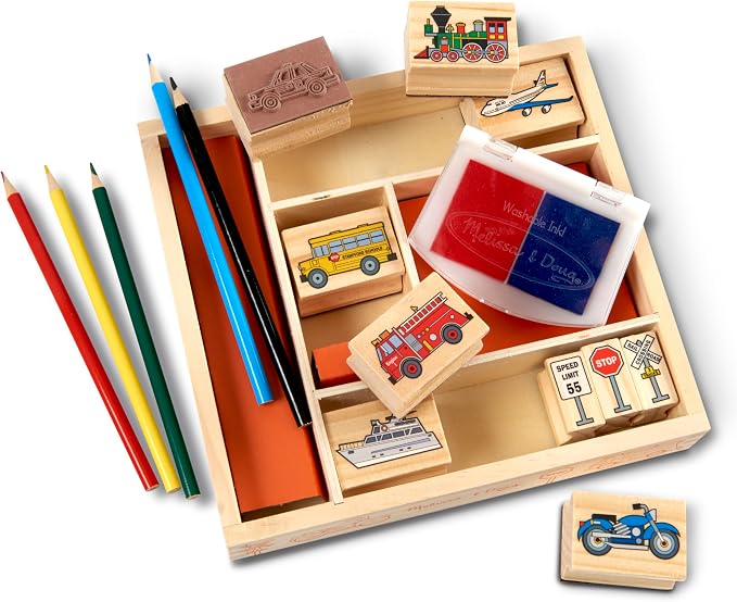 Melissa & Doug Wooden Stamp Set: Vehicles - 10 Stamps, 5 Colored Pencils, 2-Color Stamp Pad - Image 6