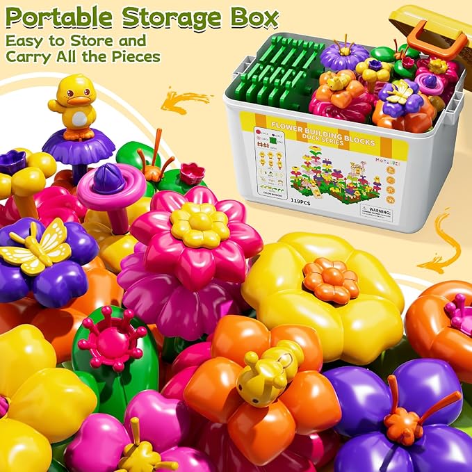 Flower Garden Building Toys for Toddler 3 4 5 6 7 Years Old, 119Pcs DIY Stacking Toys with Storage Box, Kids STEM Preschool Educational Toy, Christmas Birthday Gift for Girls Ages 3-5