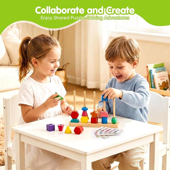 Montessori Wooden Threading Beads Set for Toddlers 3 4 5, Bead Sequencing & Stacking Toy with Pattern Cards, Lacing Beads, Shape Matching Stacker, Fine Motor STEM Learning Gift - Image 5