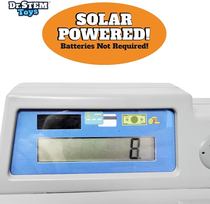 Dr. STEM Toys Solar Powered Calculator Pretend Cash Register with Play Money – 67-Piece Set for Learning Math Skills, STEM Cash Register for Kids (Gray) - Image 6