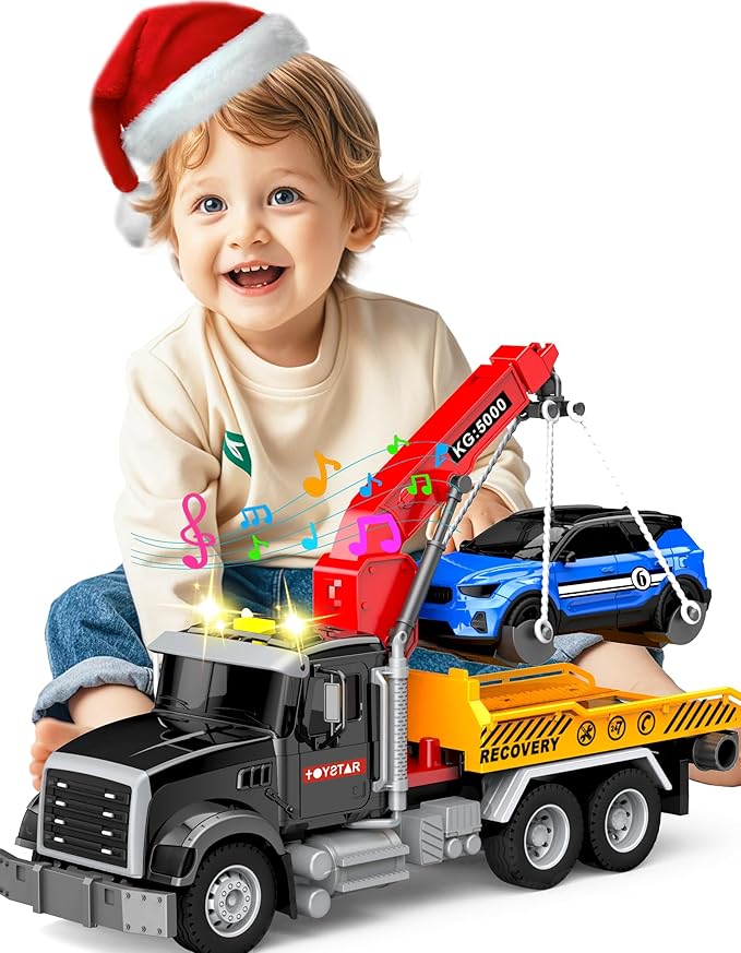 Kids Toys for 3 4 5 6 7 Years Old Boys, 15" Large Tow Truck Toy, Friction Powered Transport Toy Trucks with Lights and Sounds, Birthday Gifts for Boys & Girls with Racing Car