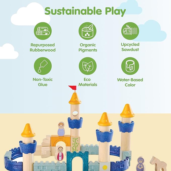PlanToys® Castle Blocks Wooden Montessori Building and Imaginative Play Set | Creative Thinking, Fine Motor and Early STEM Learning Activity | Eco Friendly Open Ended Construction Toy