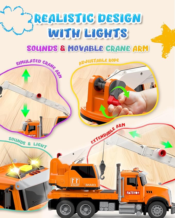 Kids Toys for 3 4 5 6 7 8 Years Old Boys, 15'' Large Construction Toy for Toddler, Crane Truck with Lights and Sounds for Boys Girls Birthday Gifts