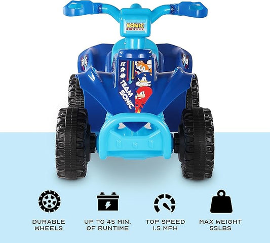 Sonic The Hedgehog 6V ATV Quad for Kids - Powerful and Safe Ride-On Toy with Rechargeable Battery - Forward and Reverse Driving - Max Weight Capacity of 55 LBS - Ages 2-3 Years