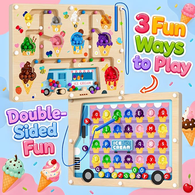 2 in 1 Magnetic Color and Number Maze Double-Sided ABC Alphabet Puzzles Board Magnet Dinosaur Counting Maze Preschool Learning Montessori Education 3 4 5 Years Toys (Ice Cream, One Size) - Image 2