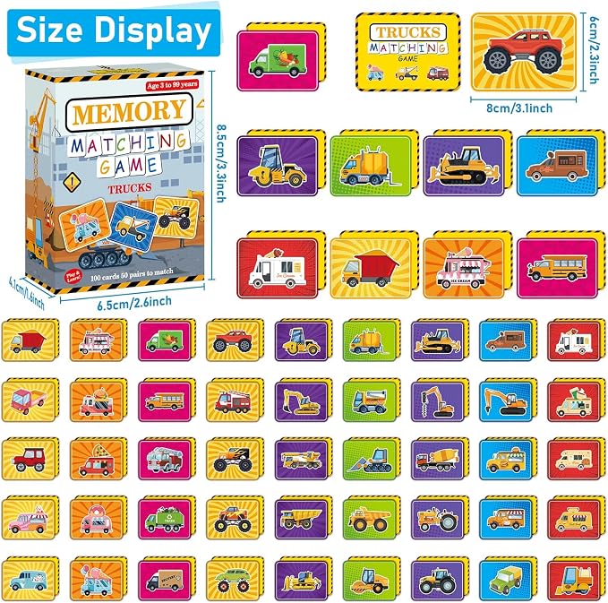 gisgfim 100 PCS Memory Matching Game Trucks Concentration Memory Card Games for Kids Preschool Educational Ages 3-8 A Fun & Fast Vehicle Theme Matching Games - Image 2