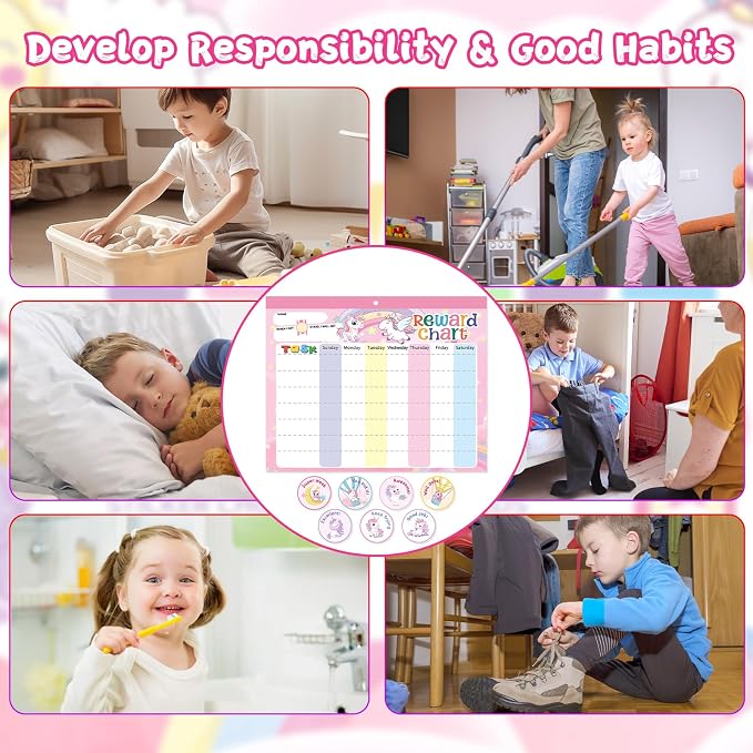 Magnetic Reward Chart for Kids at Home, Behavior Chart Pad with 26 Chore Charts, 1680 Star Stickers, 84 Motivational Stickers to Develop Responsibility & Good Habits (Unicorn) - Image 4