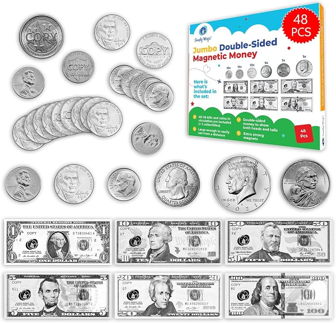 Simply magic 48 PCS Large Double-Sided Magnetic Money - Money Manipulatives by SimplyMagic