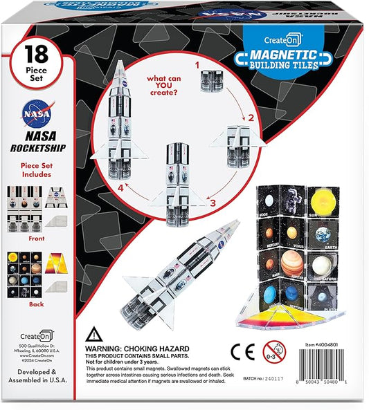 CreateOn NASA Rocketship Magnetic Tile Set, Building Set for Kids, Magnetic Building Toys for Kids, STEM Toys for Boys and Girls Ages 3 and Up, 18-Piece Set