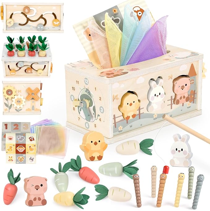 Joyreal 8-in-1 Montessori Tissue Box Toys for 1+ Years Wooden Activity Cube by Joyreal