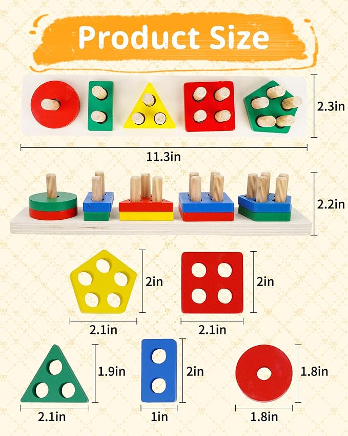 Montessori Toys for 1 2 3 Year Old, Wooden Stacking & Sorting Toy with Geometric Shapes, Educational Learning Toys and Birthday Gifts for Toddlers Boys Girls 1-3 - Image 6