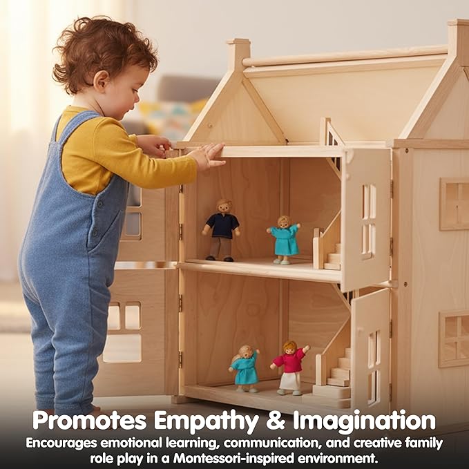 PlanToys® Wooden Dollhouse Family Set– Light Skin & Blonde Hair| 4 Poseable 1:12 Scale Doll House People | Montessori Pretend Play Figurines | Eco-Friendly Sustainable Wooden Toy for Kids