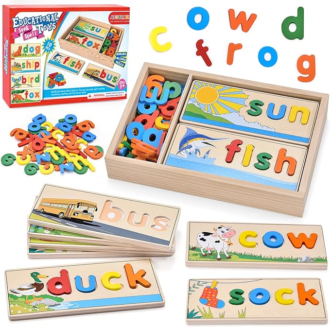 Atoylink Wooden Spell Learning Toys for 2 3 4 5 Year Old Kids Match Letter Spelling Game Board & Letters & Box, CVC Word Builder Toddler Educational Toy Kindergarten Preschool Learning Activities by ATOYLINK