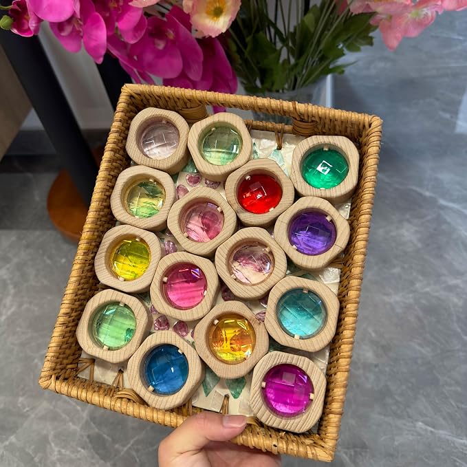 20PCS Wooden Gem Blocks Stacking Toys,Colorful Acrylic Windows Blocks, Rainbow Crystal Acrylic Building Cubes Educational Sensory Training Crystal Toys (20PCS Round Gem Blocks) - Image 3