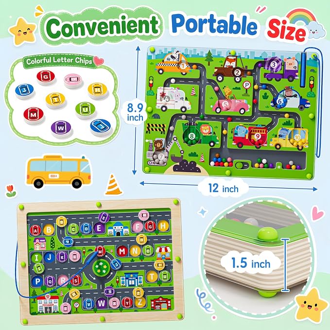 2 in 1 Magnetic Color and Number Maze Double-Sided ABC Alphabet Puzzles Board Magnet Dinosaur Counting Maze Preschool Learning Montessori Education 3 4 5 Years Toys (Car, One Size) - Image 4