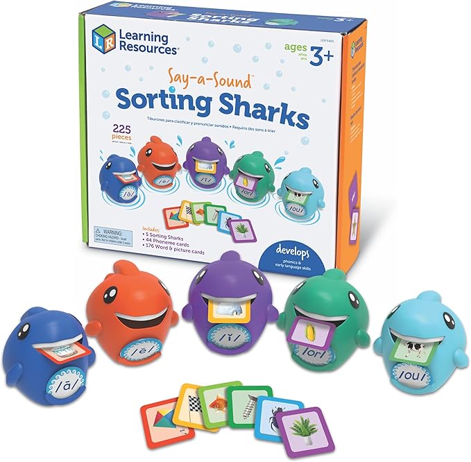 Learning Resources Say-a-Sound Sorting Sharks - Montessori Toys, Kindergarten Learning Activities, Phonemic Awareness Flash Cards, Dyslexia Tools for Kids, Speech Therapy Materials, Learn to Read by LearningResources
