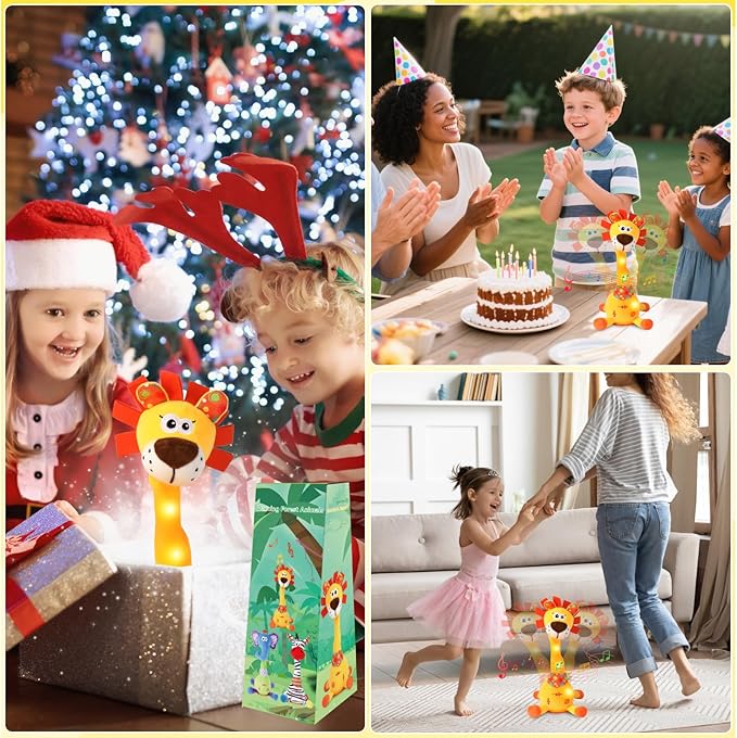 Dancing Talking Lion Plush Toy, Interactive Mimicking Recording Repeating Lion Stuffed Animal, Singing 10 Children's Songs, Tummy Time Light Up Toy for Toddlers 1-3 Years, Forest Birthday Party Gifts