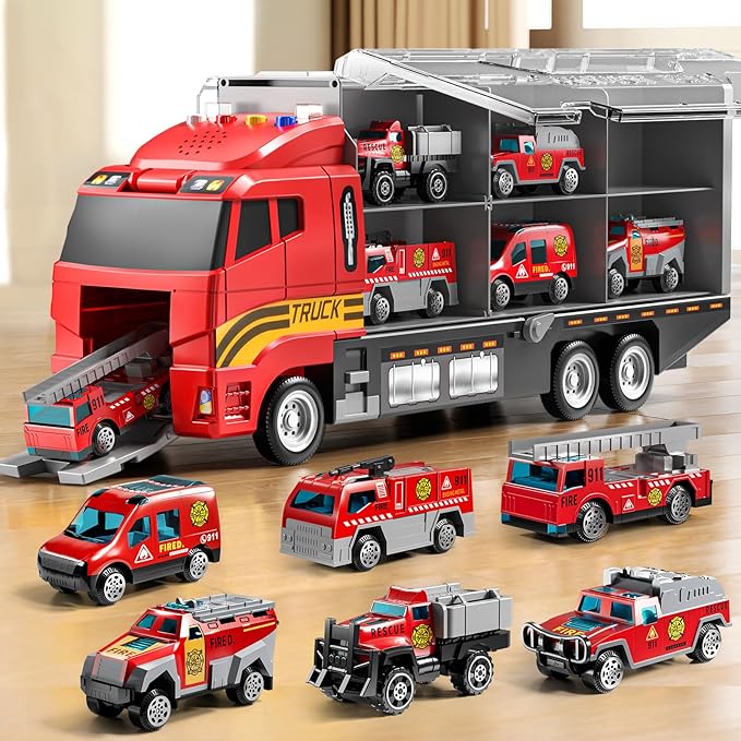 Toddler Boys Toys for 3-5 Years Old, Fire Truck Vehicle Set with Play Mat and Die-Cast Toy Car, Transport Carrier Truck for Kids 3-5, Birthday Gifts Toys for 3-8+ Year Old Boys