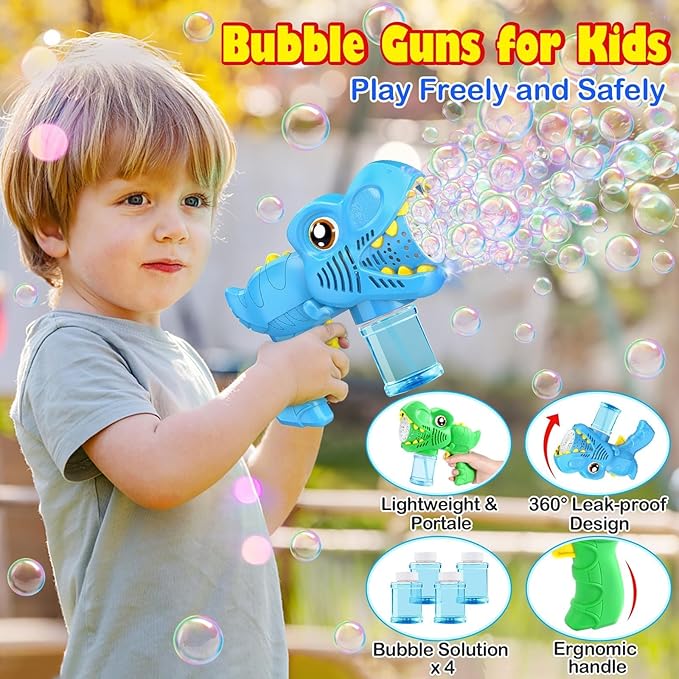 Kids Bubble Gun 2 Pack Dino Bubble Machine Gun for Toddlers with 4 Solutions Automatic 13-Hole Bubbles for Kids Blower Maker Easter Basket Essentials Stuffers Valentines Gift Party Toys for Boys Girls