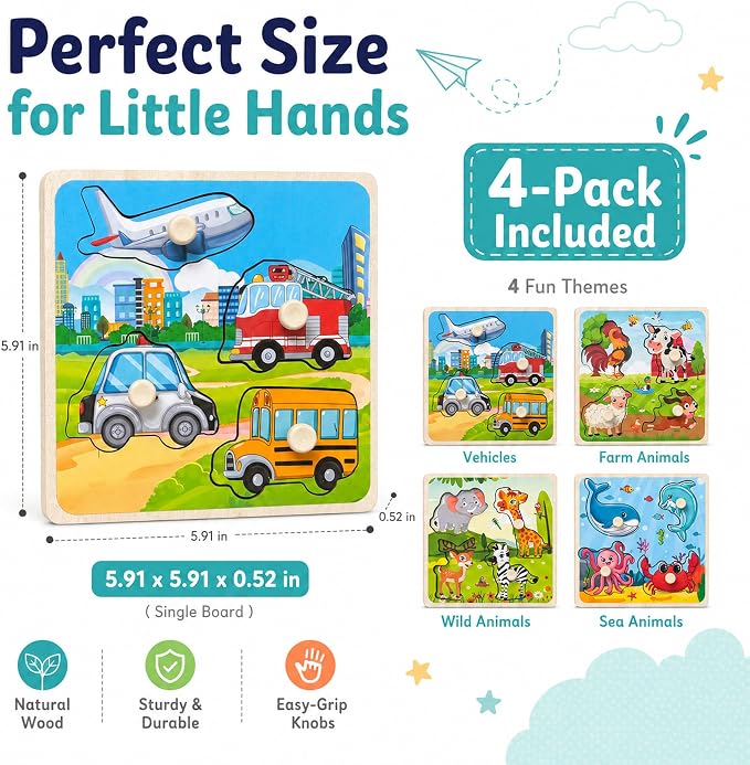 Wooden Peg Puzzle Set for Toddlers, 4 Pack Animal Vehicle Ocean Farm Puzzles, Montessori Wooden Puzzles for Ages 2-4, Preschool Learning Toys for Fine Motor Skills, Gifts for Boys Girls 1 2 3 4 - Image 3