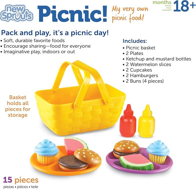 Learning Resources New Sprouts Picnic Set - 15 Pieces, Ages 18+ months Pretend Play Food for Toddlers, Preschool Learning Toys, Kitchen Play Toys for Kids - Image 6
