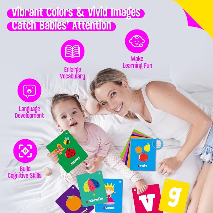 52 PCS Baby Visual Stimulus Cards, Double-Sided High Contrast Black and White, Colorful Alphabet Words Flashcards, Visual Sensory Development Montessori Cards Set for Newborn Baby, Kids, Preschool - Image 6