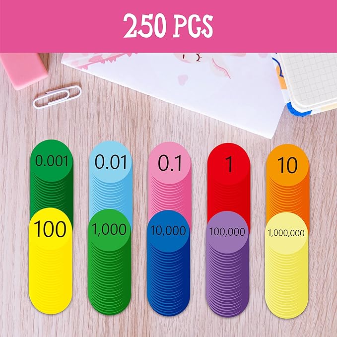 Hebayy 250 PCS EVA Place Value Disks, 10 Values Counting Chips Color-Coded Soft Place Value Chips Decimals to Whole Numbers Counting Chips Early Math Learning for Elementary School - Image 2