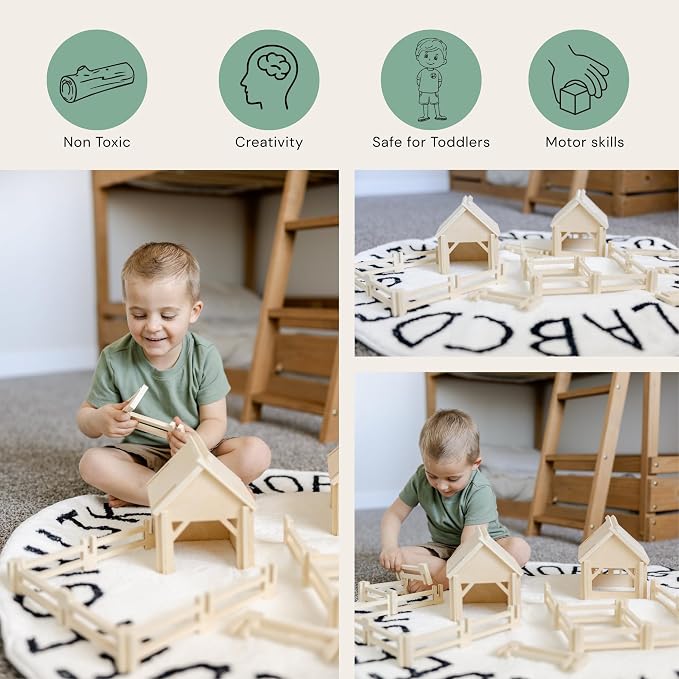 Natural Wood Farm Building Set for Kids Ages 3+, 34-Piece Farm Construction Toy with Interlocking Barns and Fences, Open-Ended Creative Building & Imaginative Play - Image 3