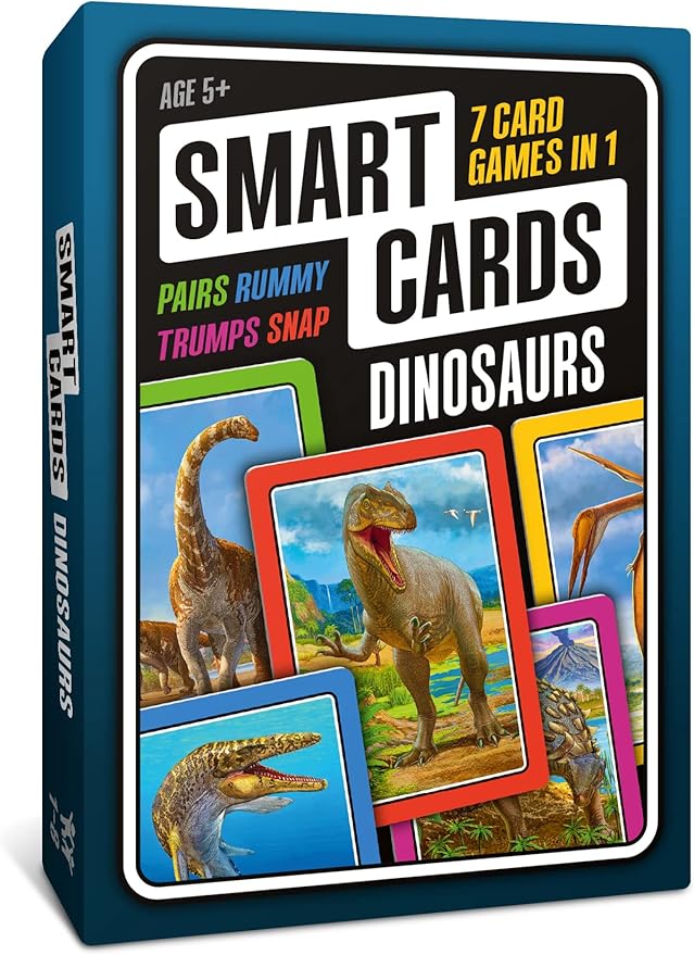 SMART CARDS DINOSAURS Card Game - Matching Pairs, Snap, Trumps, Rummy, Happy Families (7 Games To Play) | Travel Game, Gift, Stocking Stuffer | for Adults, Kids, Boys, Girls | Age 5+, 1-8 Players by PoptacularGames