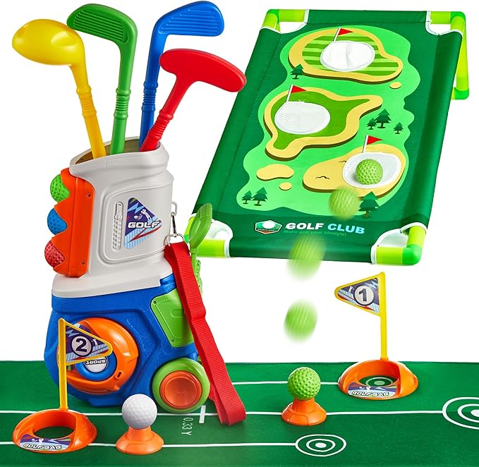PJG Toddler Golf Set with Mat & Cornhole Board, Plastic Kids Golf Clubs 3-5 with 4 Golf Clubs and 10 Balls, Golf Toy with Cart for Boys and Girls Aged 1 2 3 4 5 Years Old Birthday (Blue)