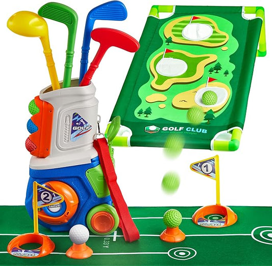 PJG Toddler Golf Set with Mat & Cornhole Board, Plastic Kids Golf Clubs 3-5 with 4 Golf Clubs and 10 Balls, Golf Toy with Cart for Boys and Girls Aged 1 2 3 4 5 Years Old Birthday (Blue)