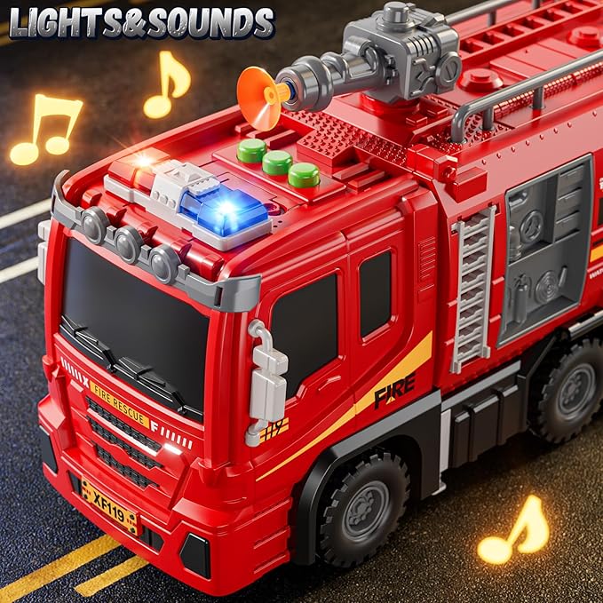 Fire Trucks Toys for Toddlers Ages 3-5, Folded Carrier Truck Race Track with with Lights & Sounds and 6 Racing Car Toys, Birthday Gift for 3 4 5 6 7 8 Years Old Boys Girls