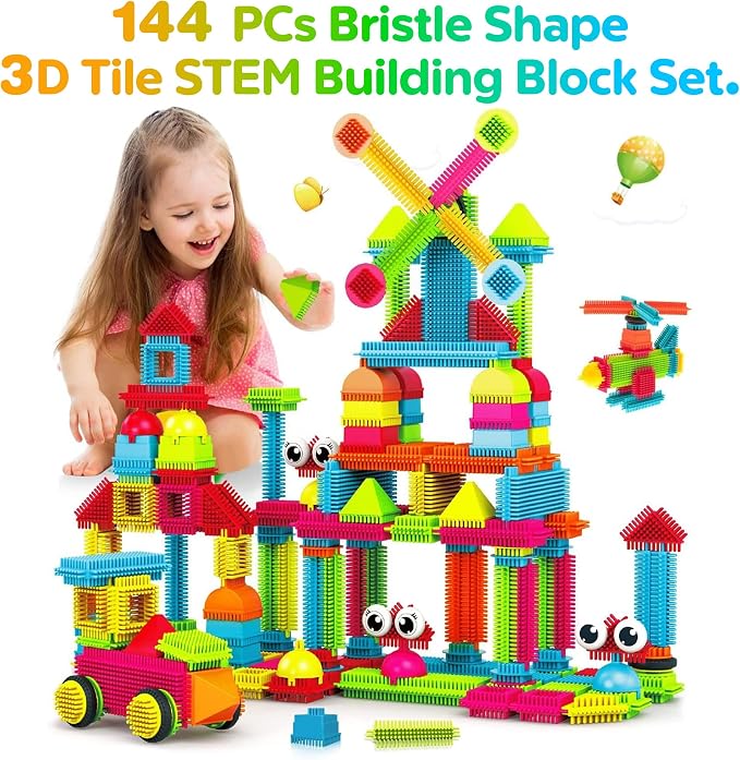 Contixo 144 pcs Bristle Shape 3D STEM Building Toys, Construction Learning Stacking Educational Block, Creativity Beyond Imagination, Inspirational, Safe & Durable, Recreational Toy for Kids Ages 3-8 - Image 2
