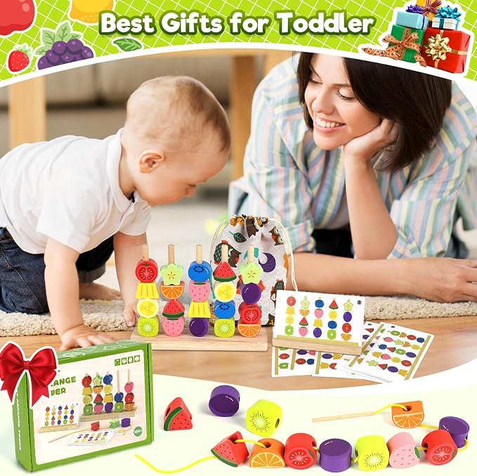 Montessori Wooden Beads Stacking Toys: 2 3 4 Year Old Boys Girls Birthday Gifts - Toddler Sequence Game & Sorting Blocks & Lacing & Matching Shape - Preschool Learning Activities for 2-5 Years Kids - Image 6