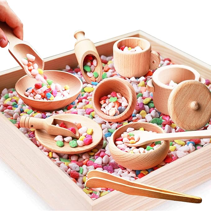 Montessori Sensory Bin Tools: 1 Wooden Box + 11 Sensory Tools for Toddlers & Preschool Children - Fine Motor Learning Pretend Play by Yowlieu